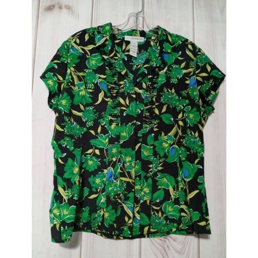 Sag Harbor Womens Floral Ruffle Button Up Blouse Green Black Short Sleeve Sz 12